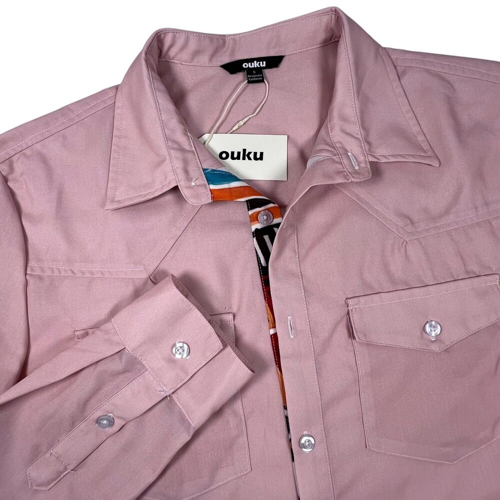 Ouku Mens Pink Button Up Long Sleeve Shirt Small Contrast Trim Western Modern